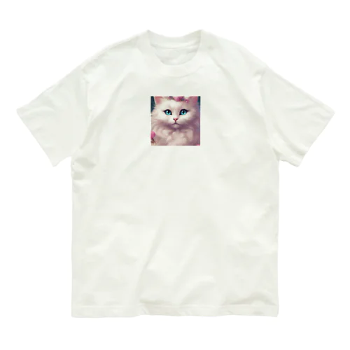 ホワイトロングヘアーの猫 オーガニックコットンTシャツ