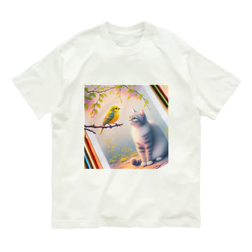 猫と黄色い小鳥 オーガニックコットンTシャツ