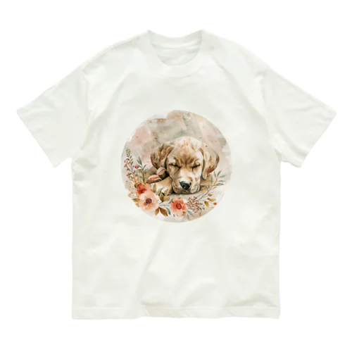 水彩風犬と花 オーガニックコットンTシャツ