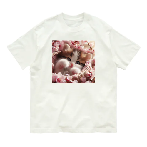 桜と子猫 オーガニックコットンTシャツ