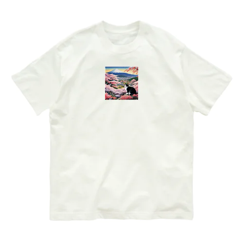 桜と富士山と猫 オーガニックコットンTシャツ