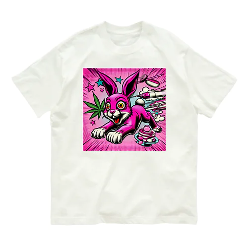 HAPPYピンクのウサギ オーガニックコットンTシャツ