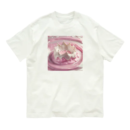 “ピンクのミルククラウン オーガニックコットンTシャツ