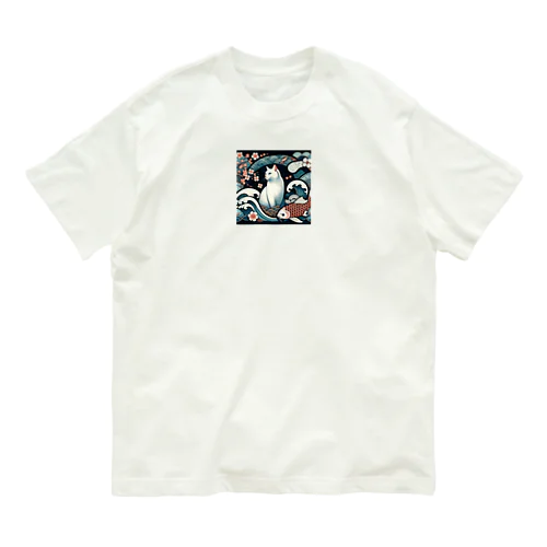 和紋様 x 猫　鯉と桜と波 Organic Cotton T-Shirt