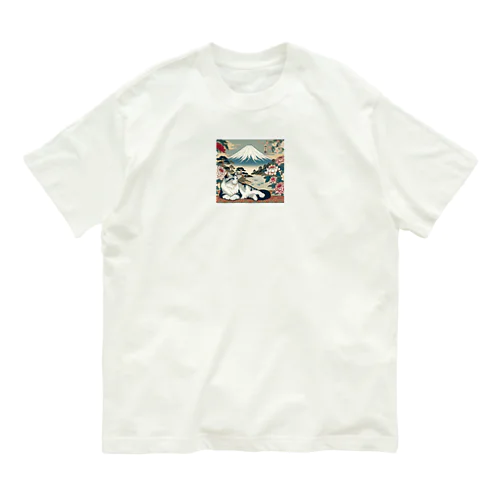 和紋様 x 猫　伝統的な和の休息 オーガニックコットンTシャツ