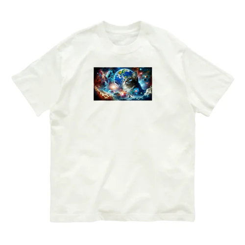 宇宙と一体化猫 オーガニックコットンTシャツ