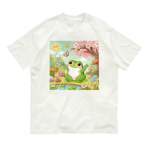 春を感じるぷにぷにカエル オーガニックコットンTシャツ