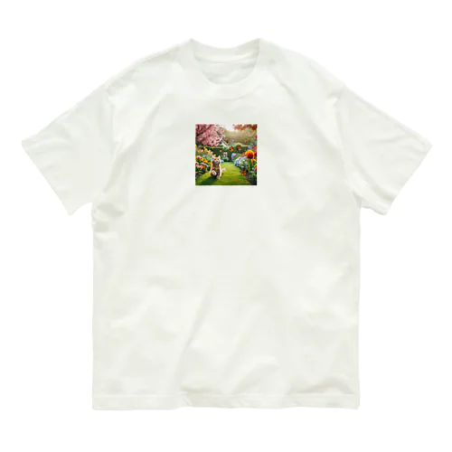 猫 in 花園 オーガニックコットンTシャツ