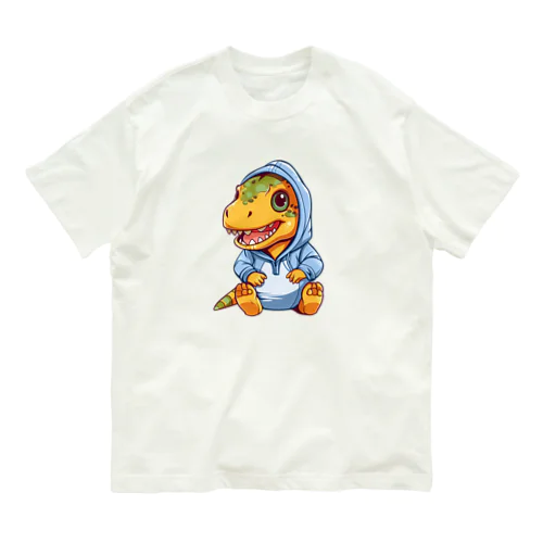 青パーカーを着たティラノサウルス オーガニックコットンTシャツ