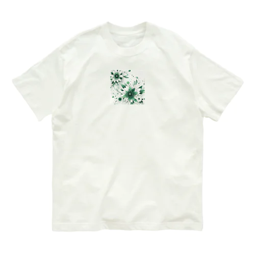 数学的なデザインを持つ緑と白の花 オーガニックコットンTシャツ