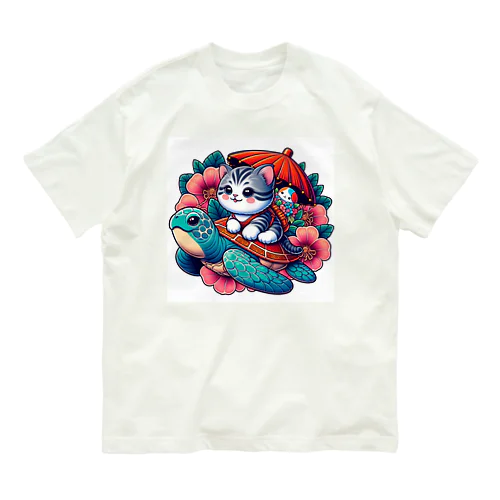 亀乗り子猫 オーガニックコットンTシャツ