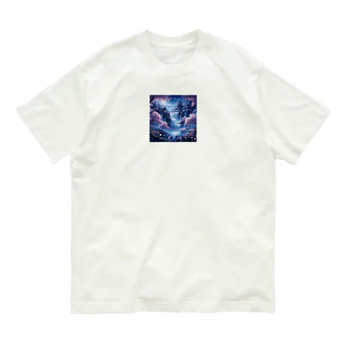 広大な滝 夜桜 オーガニックコットンTシャツ