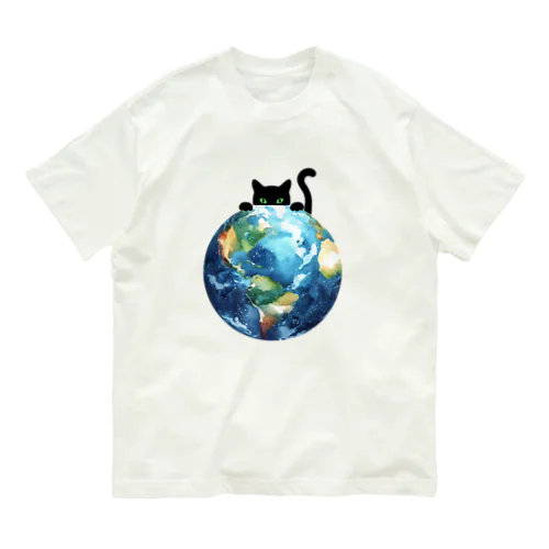 地球と黒猫 オーガニックコットンTシャツ