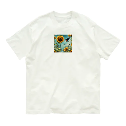 ヒマワリと羽ばたくカワセミ Organic Cotton T-Shirt