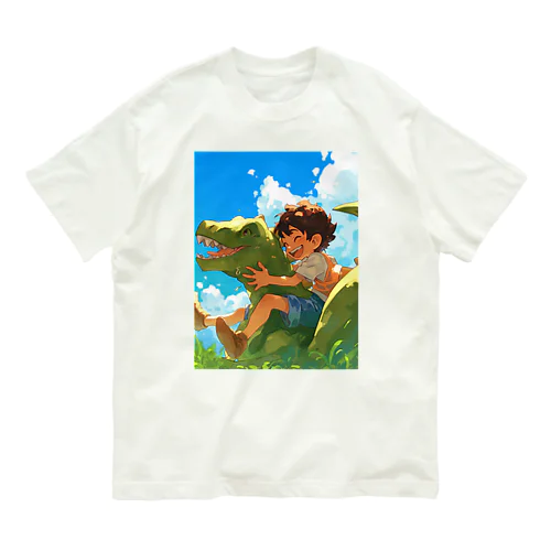 恐竜と少年が楽しく遊ぶ友情　なでしこ1478 オーガニックコットンTシャツ