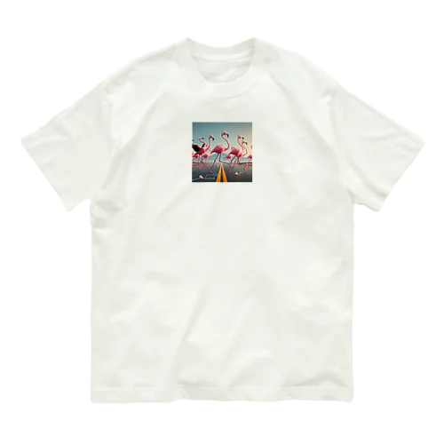 サイズフリー ミュージックフラミンゴ オーガニックコットンTシャツ