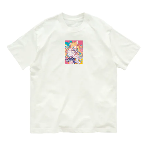 カラフルな猫耳の女の子のキャラクター オーガニックコットンTシャツ