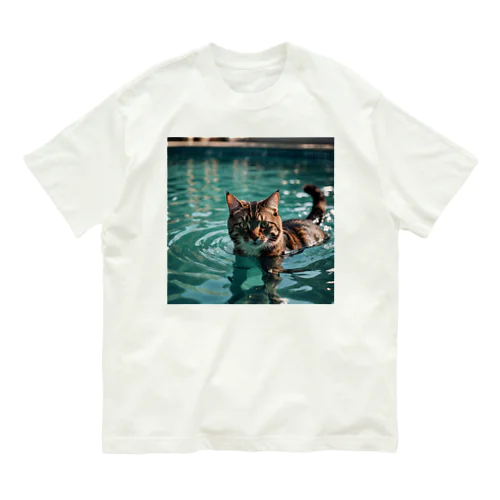 泳ぐ猫 オーガニックコットンTシャツ