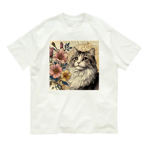 アールヌーボーな猫ちゃぁぁん オーガニックコットンTシャツ