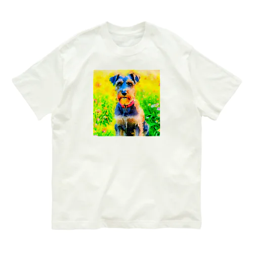 水彩画の犬 花畑のシュナウザーのイラスト Organic Cotton T-Shirt