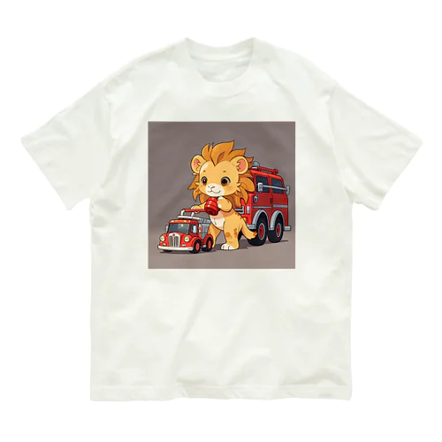 可愛いライオンとおもちゃの消防車 オーガニックコットンTシャツ