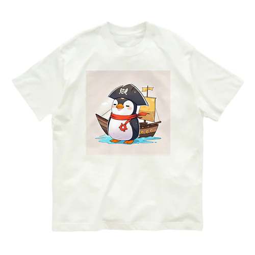 おもちゃの海賊船に乗ったかわいいペンギン オーガニックコットンTシャツ