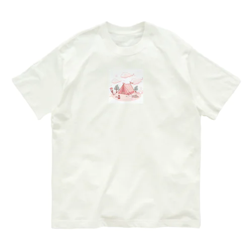 山頂でキャンプ　テント　ふわふわピンク オーガニックコットンTシャツ