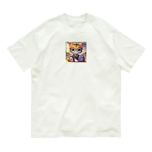 メガネのニャンコ３D・学校ver② オーガニックコットンTシャツ