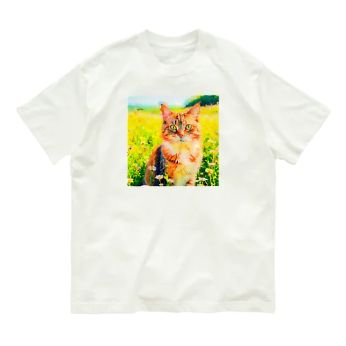 猫の水彩画/花畑のマンクスねこのイラスト/キジトラネコ Organic Cotton T-Shirt