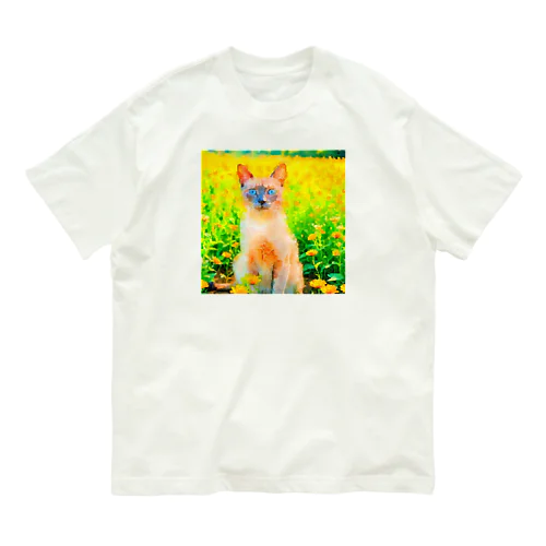 猫の水彩画/花畑のトンキニーズねこのイラスト/ポイントネコ オーガニックコットンTシャツ