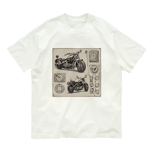 クラシックバイクの設計図と計器類 オーガニックコットンTシャツ