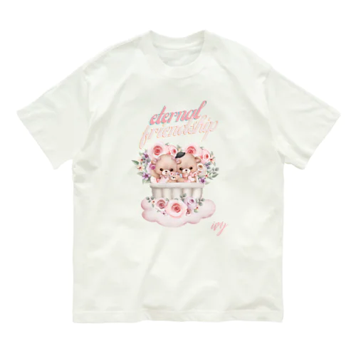 かわいいくまちゃんとお花 オーガニックコットンTシャツ