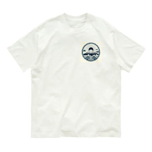 Minimalist Traditional Japanese Motif Featuring Mount Fuji and Seigaiha Patterns Organic Cotton T-Shirt