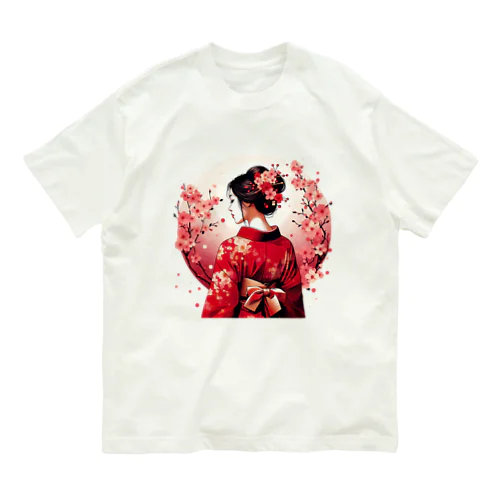 桜を散らした着物美人イラスト オーガニックコットンTシャツ
