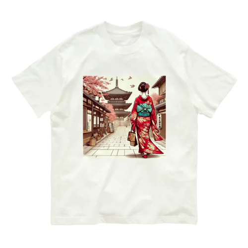 京都を歩く着物美人イラスト オーガニックコットンTシャツ