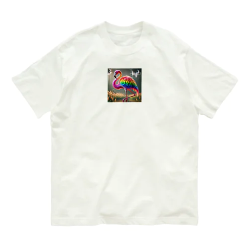 レインボーアニマルフラミンゴ オーガニックコットンTシャツ