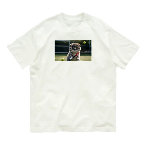 猫とテニス オーガニックコットンTシャツ