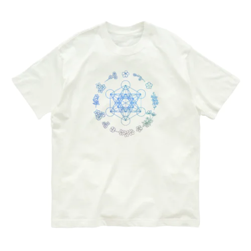 メタトロンキューブ神聖幾何学と優しいパステルカラーの花のリース Organic Cotton T-Shirt