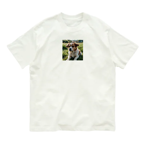 草むらで斜めを見つめる犬 dog looking for the anywhere オーガニックコットンTシャツ