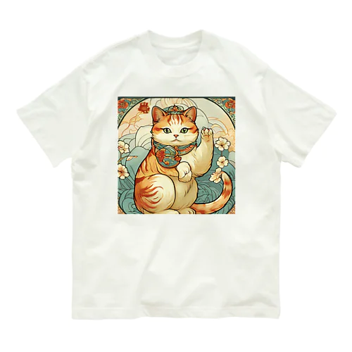 お客様を招く左手招き猫ミュシャ風 オーガニックコットンTシャツ