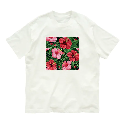 赤色の花ハイビスカス Organic Cotton T-Shirt