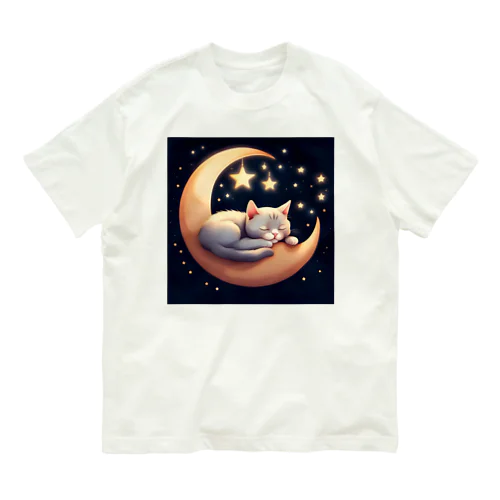 三日月で眠るかわいい猫ちゃん オーガニックコットンTシャツ