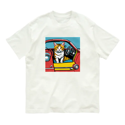 ドライブ猫ちゃん　カラフルアート オーガニックコットンTシャツ