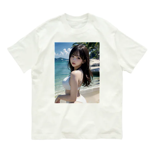 AI美女　白い砂浜　白いビキニ オーガニックコットンTシャツ