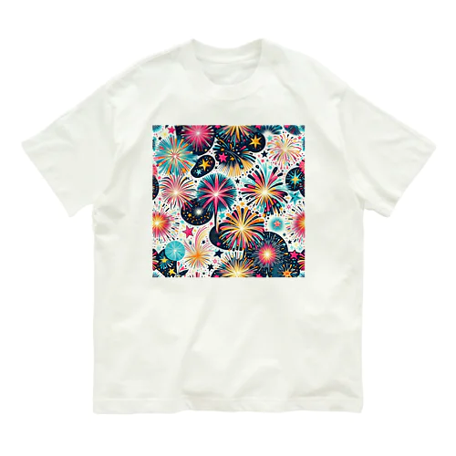 和風柄　花火柄 オーガニックコットンTシャツ