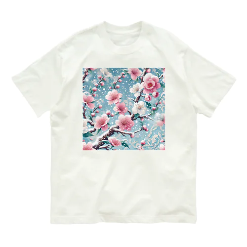 和風柄　桜雪化粧 オーガニックコットンTシャツ