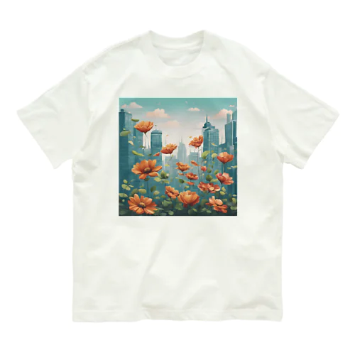 都市の背景に浮かぶ花 オーガニックコットンTシャツ