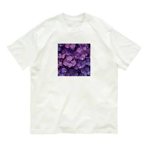 雨に濡れる　紫陽花 オーガニックコットンTシャツ