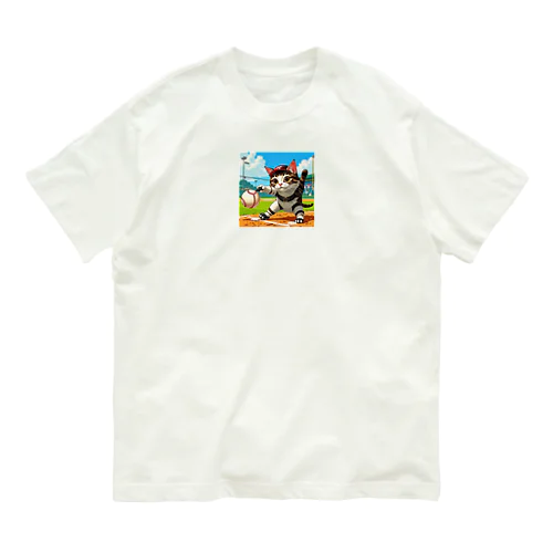 もうすぐ甲子園！野球の練習するニャンコ A オーガニックコットンTシャツ