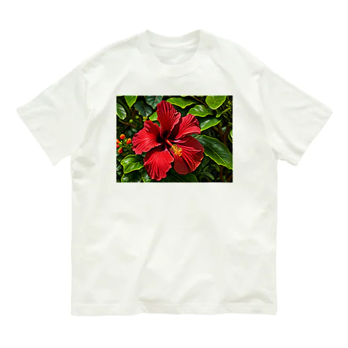 南国の花ハイビスカス・赤 オーガニックコットンTシャツ